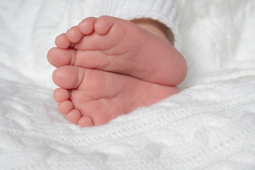 Newborn baby feet. Tiny cute feet on a white blanket.