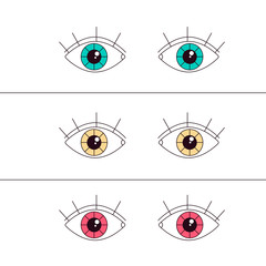 Set of eyes in multi-colored lenses. Logo of ophthalmology.