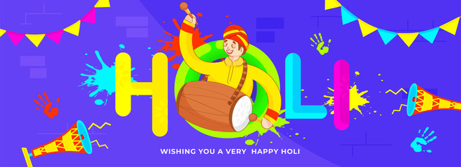 Colorful Holi Text with Cartoon Man Playing Drum (Dhol), Hand Prints and Loudspeaker on Purple Background. Header or Banner Design.