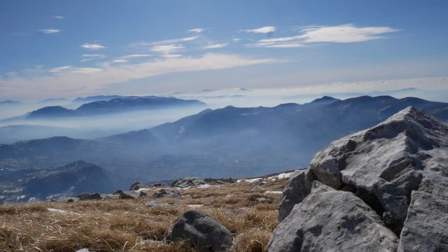 time lapse clouds of mountain range of the Campania Apennines with snow and mist seen from Matese mount.