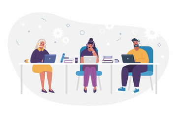 People coworking on computer with headsets vector illustration