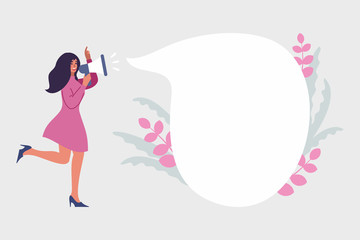 Obraz na płótnie Canvas Vector illustration woman with megaphone promoting sale on clear background. International womens day, 8 march. Free place for text for Landing Page