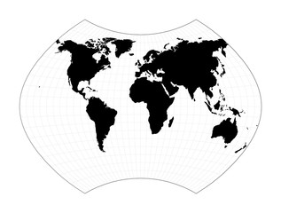 World map with meridians. Ginzburg IX projection. Plan world geographical map with graticlue lines. Vector illustration.