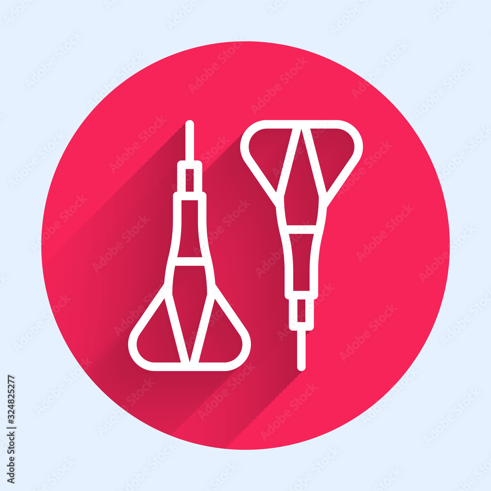 Poster white line dart arrow icon isolated with long shadow. red circle button. vector illustration