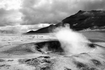 Iceland geothermal activity landscape. Black and white vintage style photo.