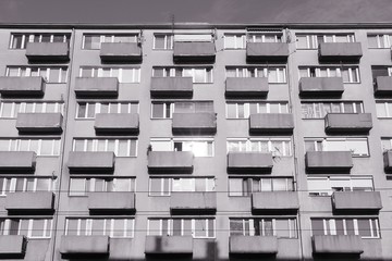 Wroclaw apartment building. Black and white retro style photo.