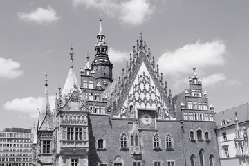 Wroclaw city hall. Black and white retro style photo.