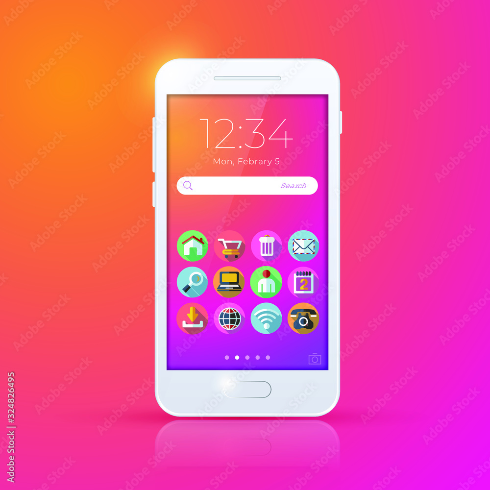 Poster realistic mobile smartphone with modern style with icons . isolated vector elements