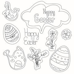 Set of stickers with cute outline black and white Easter characters: eggs, chickens, flowers, lettering Happy Easter. Cute vector cartoon illustrations isolated on white background.