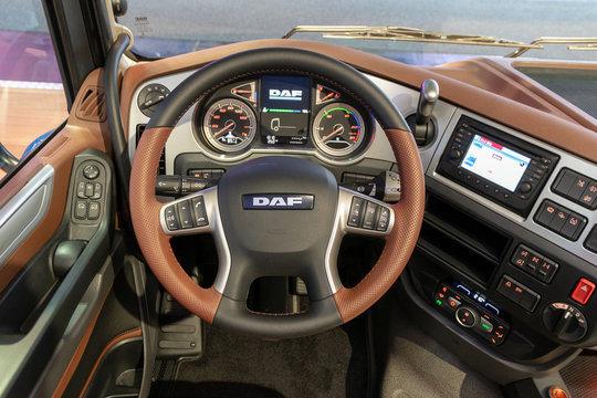 DAF XF 530 FT SSC Tractor Truck interior at the Hannover IAA Commercial Vehicles Motor Show. HANNOVER, GERMANY - SEP 27, 2018.