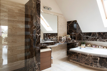 Luxury interior of bathroom  in dark and beige marble.  Stylish indoor with bath, washbasin and...