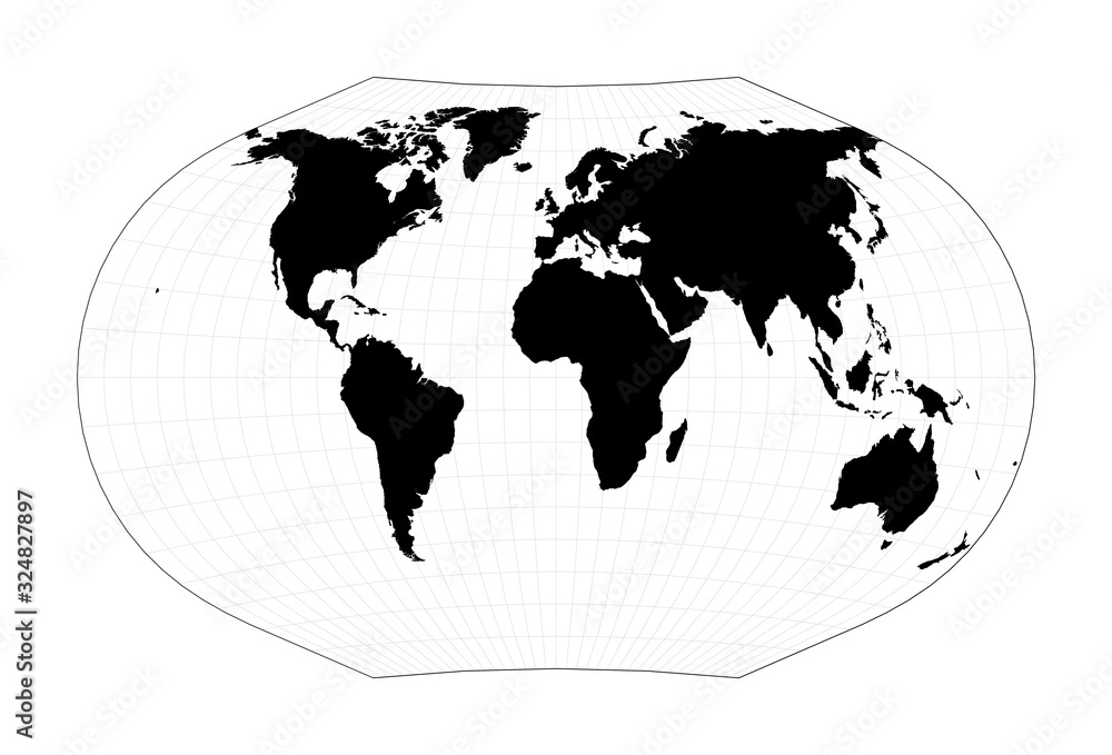 Poster minimal world map. ginzburg v projection. plain world geographical map with graticule lines. vector 