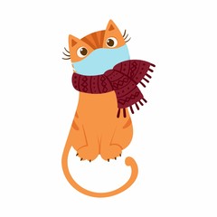 Cute kitten in a scarf with a respiratory mask on his face. The concept of protection against respiratory diseases; allergies. Vector illustration on a white background.