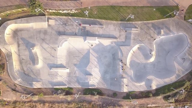 Skate Park. Aerial footage of a large skatepark zone. Skateboarding playground. 