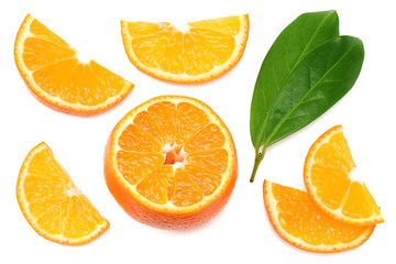 sliced orange with green leaf isolated on white background top view