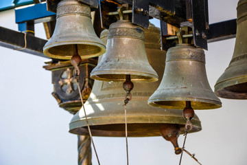 Churche bells in the Russian Orthdox Church. Sounds of bells. Close-up.