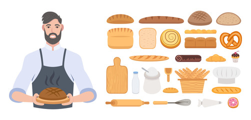Bakery or baker shop, pastry and baking ingredients at kitchen. Vector design of baker man with wheat bread. Wheat, rye bread, loaf, grain, pretzel, bun, roll, french baguette. Cartoon illustration.