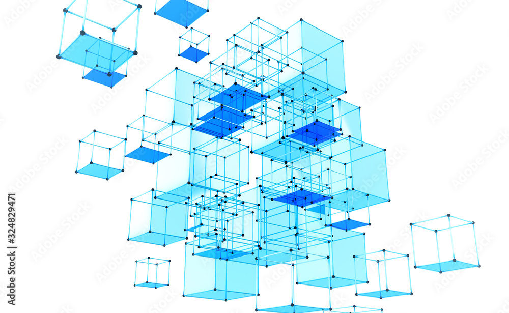 Poster Abstract geometric composition. Volumetric cubes on a light background. Data blocks moved in cyberspace. 3D illustration