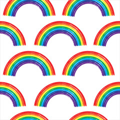 Seamless pattern with Rainbow in grunge hand drawn style isolated on white. Vector