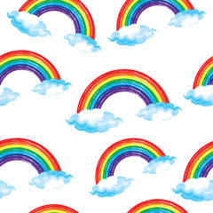 Seamless pattern with Rainbow and clouds in grunge hand drawn style. Vector