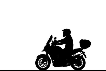 Silhouette biker with his motorbike on white background