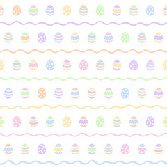 Colorful painted Easter, Paschal eggs seamless vector pattern. Stylized tiny egg shape and doodle wavy stripes, waves, streaks, bars regular texture. Multicolor Easter background, border template.