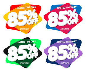 Set Sale 85% off bubble banners, discount tags design template, vector illustration