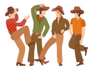 Country Western male dancers in traditional flat style cowboy clothes. Hat, trousers, belt with a hook, a plaid shirt, neck scarf. Vector illustration for Landing Page dance school, party, show.