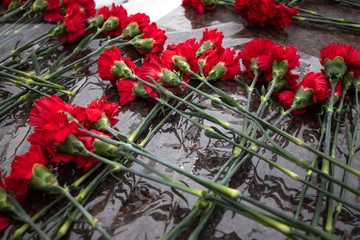 red carnations lay in honor of the dead soldiers at the marble memorial