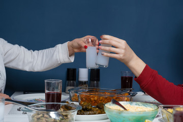 Turkish and Greek Traditional Dinning Table with Special Alcohol Drink Raki. Ouzo and Turkish Raki...