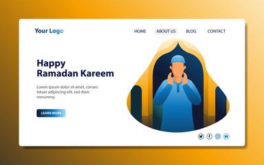 modern landing page design for the month of Ramadan and Eid al-Fitr with illustrations of children worshiping