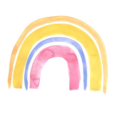 Rainbow watercolor colors. Stylish semicircles hand drawing on a white background. Childish design for birthday invitation, poster, clothes and postcard.