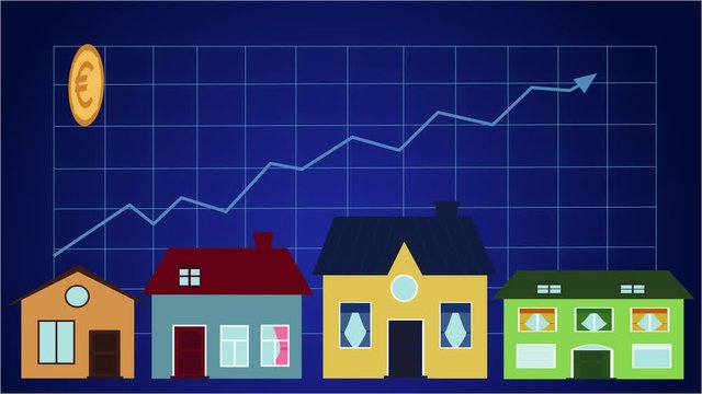 2D animation, Euro currency sign spinning at upper left corner as blue arrow moving up on graphic with buildings appearing. Raise of population income, wealth growth, financial concept.
