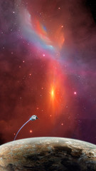 Space background. Spaceship fly above planet with colorful nebula. Elements furnished by NASA. 3D rendering