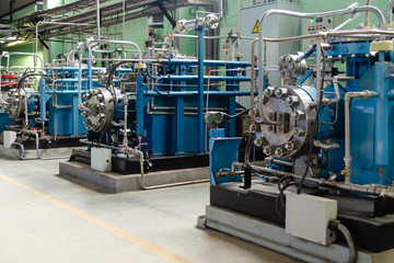 Compressors in the production hall. Engine room.
