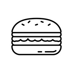 Burger. Thick line art logo of big high sandwich. Black illustration of layered hamburger with lettuce leaf. Contour isolated vector on white background. Icon for restaurant, cafe menu, food packaging