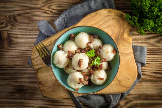 Meat stuffed potato dumplings.