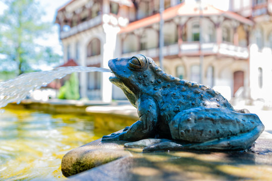 Sculpture of a frog by the fountain - the spa house "Szarotka" in Swieradow Zdroj in the background - very shallow depth of field