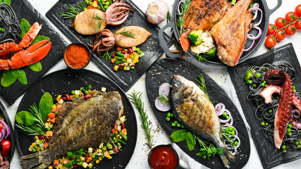 Seafood dishes. Fish, squid, octopus on a white wooden background. Top view. Free space for your text.
