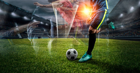 double exposure Soccer player kicks the ball on the soccer field.Professional soccer player in action.