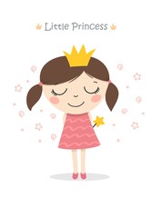 Little cute princess girl with magic wand and crown. Happy birthday, kids fashion flat vector illustration for young ladies
