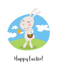 Happy easter greeting card with cartoon funny smiling rabbit and eggs. Flat vector holiday illustration 