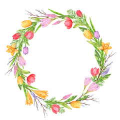 Wicker wreath of watercolor branches and garden flowers for decoration and design of printing, greeting cards, fabrics, textiles, holidays, wallpapers, paper and scrap elements