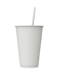 Empty White Paper Fast Food Cup with Drinking Straw. 3D Render Isolated on White.