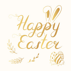 Happy Easter golden illustration with bunny ears, eggs composition and lettering. Cute gold floral holiday greeting card, invitation or poster template.