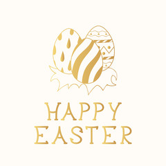 Happy Easter hand drawn golden illustration with eggs composition and lettering. Cute gold holiday greeting card, invitation or poster template.