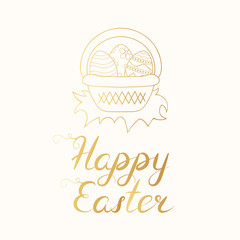 Happy Easter hand drawn illustration with golden eggs basket and lettering. Cute gold floral holiday greeting card, invitation or poster template.