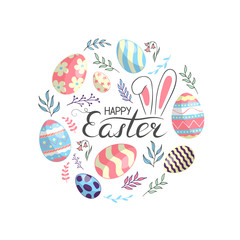 Happy Easter colorful frame with bunny ears, eggs, branches and lettering. Cute floral watercolor holiday greeting card, invitation border.