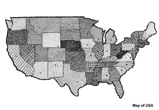 Map of USA with regions and infographic. White and black graphic illustration with map of USA. American map with regions. Map with abstract grey colors.