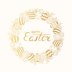 Happy Easter golden egg frame with lettering and gold floral branches. Cute spring wreath for holiday greeting card, invitation template.
